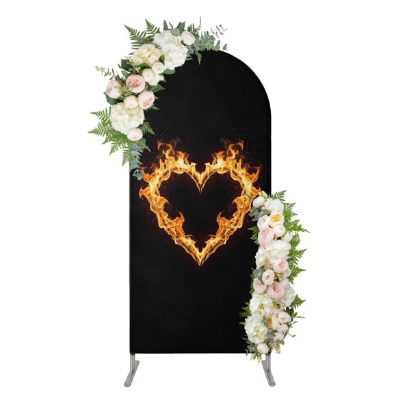 Arch Backdrop 4 Ft, Abstract Yellow Flame Spandex Stretch Fitted Arch Cover, Round Top Chiara Arches Stand Backdrop Cover for Wedding Birthday Party Flickering Fire Love Heart Pattern Black