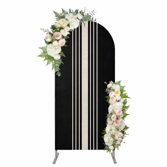 Arch Backdrop 4 Ft, Black Beige Striped Spandex Stretch Fitted Arch Cover, Round Top Chiara Arches Stand Backdrop Cover for Wedding Birthday Party Baby Shower Modern Farmhouse Retro Lines
