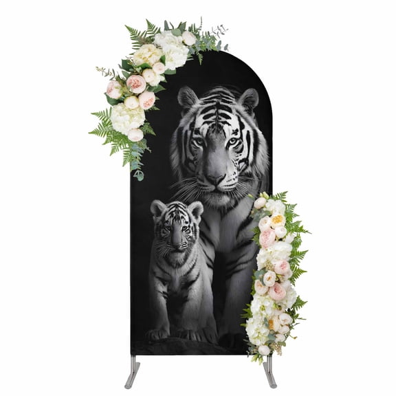 Arch Backdrop 4 Ft, Black White Tigers Spandex Stretch Fitted Arch Cover, Round Top Chiara Arches Stand Backdrop Cover for Wedding Birthday Party Baby Shower Powerful Wild Animal Jungle Wildlife