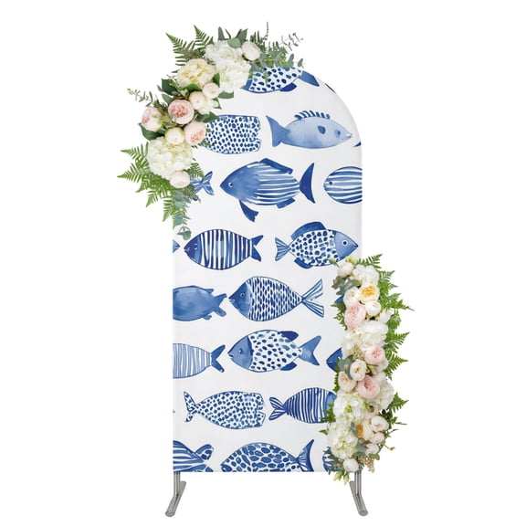 Arch Backdrop 4 Ft, Blue Fish Scale Spandex Stretch Fitted Arch Cover, Round Top Chiara Arches Stand Backdrop Cover for Wedding Birthday Party Baby Shower Coastal Nautical Undersea Cute Sketch