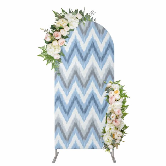Arch Backdrop 4 Ft, Blue Grey Zigzag Spandex Stretch Fitted Arch Cover, Round Top Chiara Arches Stand Backdrop Cover for Wedding Birthday Party Baby Shower Modern Abstract Stripe Geometric