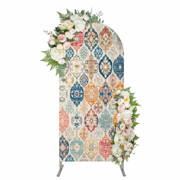 Arch Backdrop 4 Ft, Boho Morocco Spandex Stretch Fitted Arch Cover, Round Top Chiara Arches Stand Backdrop Cover for Wedding Birthday Party Baby Shower Retro Farmhouse Ethnic Neutral Aesthetic
