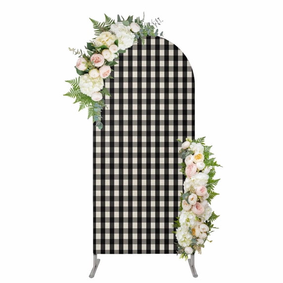 Arch Backdrop 4 Ft, Buffalo Plaid Spandex Stretch Fitted Arch Cover, Round Top Chiara Arches Stand Backdrop Cover for Wedding Birthday Party Baby Shower Farmhouse Black White Checkered Vintage