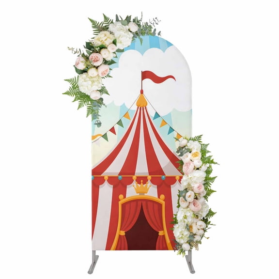 Arch Backdrop 4 Ft, Cartoon House Spandex Stretch Fitted Arch Cover, Round Top Chiara Arches Stand Backdrop Cover for Wedding Birthday Party Baby Shower Funny Playground Blue Sky White Cloudy