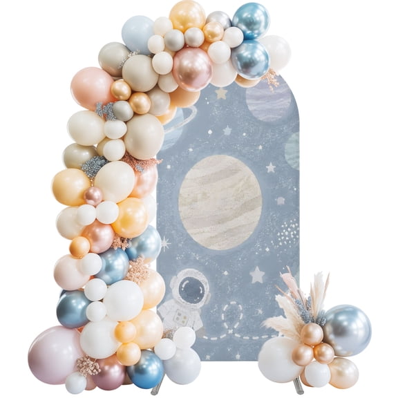 Arch Backdrop 4 Ft, Cartoon Universe Spandex Stretch Fitted Arch Cover, Round Top Chiara Arches Stand Backdrop Cover for Wedding Birthday Party Baby Shower Retro Blue Outer Space Moon Rocket