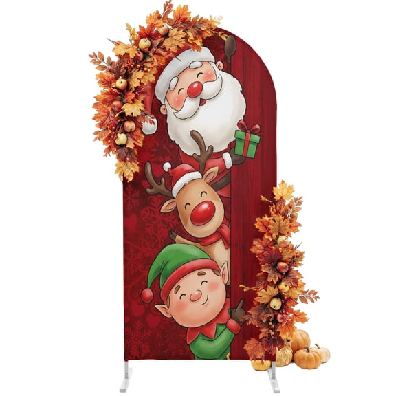 Arch Backdrop 4 Ft, Christmas Spandex Stretch Fitted Arch Cover, Round Top Chiara Arches Stand Backdrop Cover for Holiday Party New Year Santa Xmas Green Elf Winter Elk Red Wooden Grain