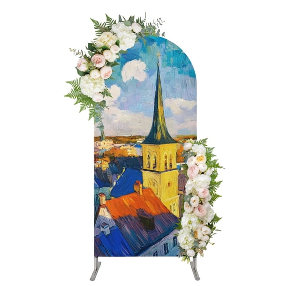 Arch Backdrop 4 Ft, Cityscape Spandex Stretch Fitted Arch Cover, Round Top Chiara Arches Stand Backdrop Cover for Wedding Birthday Party Baby Shower Farmhouse Vintage European Architecture Scene