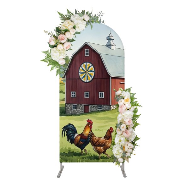 Arch Backdrop 4 Ft, Farmhouse Animals Spandex Stretch Fitted Arch Cover, Round Top Chiara Arches Stand Backdrop Cover for Wedding Birthday Party Baby Shower Country Barn Pig Rooster Cow Grassland
