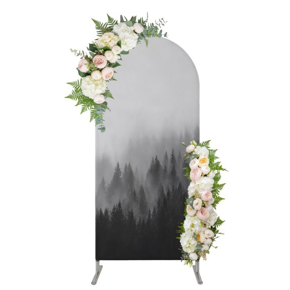 Arch Backdrop 4 Ft, Fogged Mist Forest Spandex Stretch Fitted Arch Cover, Round Top Chiara Arches Stand Backdrop Cover for Wedding Birthday Party Baby Shower Botanical Gray Pines Peaks Zen Minimalist