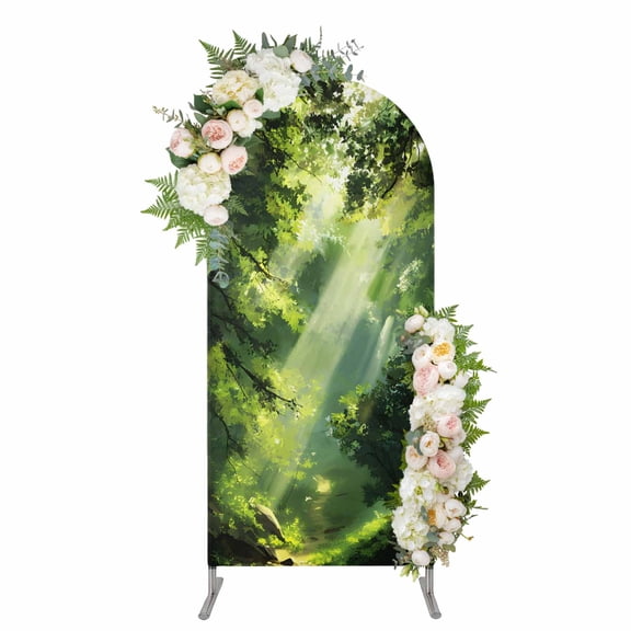 Arch Backdrop 4 Ft, Green Forest Spandex Stretch Fitted Arch Cover, Round Top Chiara Arches Stand Backdrop Cover for Wedding Birthday Party Baby Shower Nature Spring Scenic Woodland