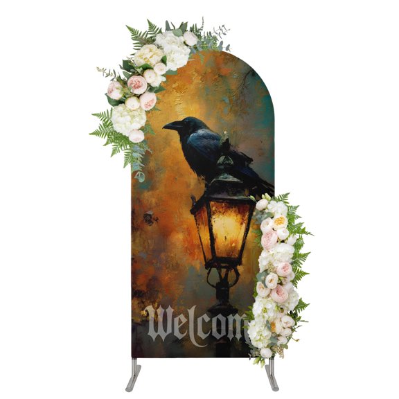 Arch Backdrop 4 Ft, Halloween Crow Spandex Stretch Fitted Arch Cover, Round Top Chiara Arches Stand Backdrop Cover for Wedding Birthday Party Baby Shower Vintage Animal Orange Black Welcome