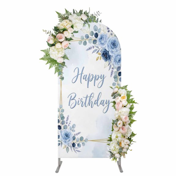 Arch Backdrop 4 Ft, Happy Birthday Spandex Stretch Fitted Arch Cover, Round Top Chiara Arches Stand Backdrop Cover for Wedding Birthday Party Baby Shower Luxury Elegant Blue Rose Eucalyptus Leaves