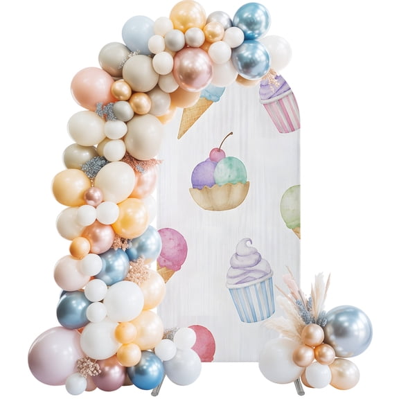 Arch Backdrop 4 Ft, Ice Cream Spandex Stretch Fitted Arch Cover, Round Top Chiara Arches Stand Backdrop Cover for Wedding Birthday Party Baby Shower Colorful Watercolor Dessert Cupcakes