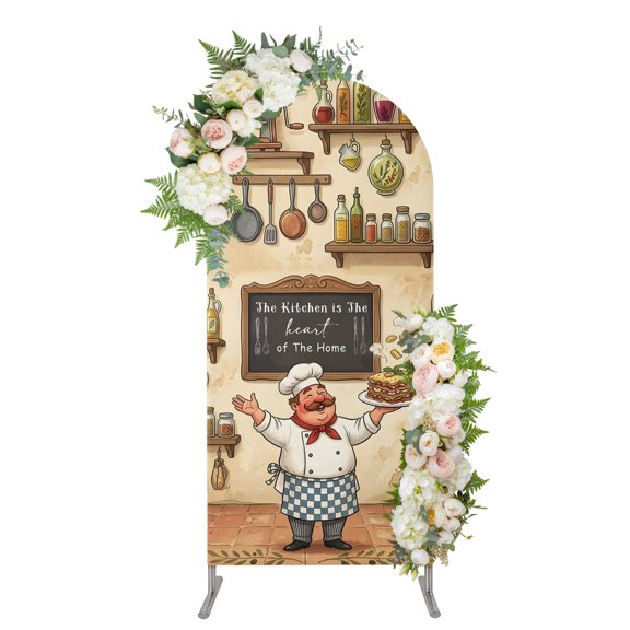Arch Backdrop 4 Ft, Kitchen Chief Rustic Spandex Stretch Fitted Arch Cover, Round Top Chiara Arches Stand Backdrop Cover for Wedding Birthday Party Baby Shower Vintage Layer Cake Cooking Country