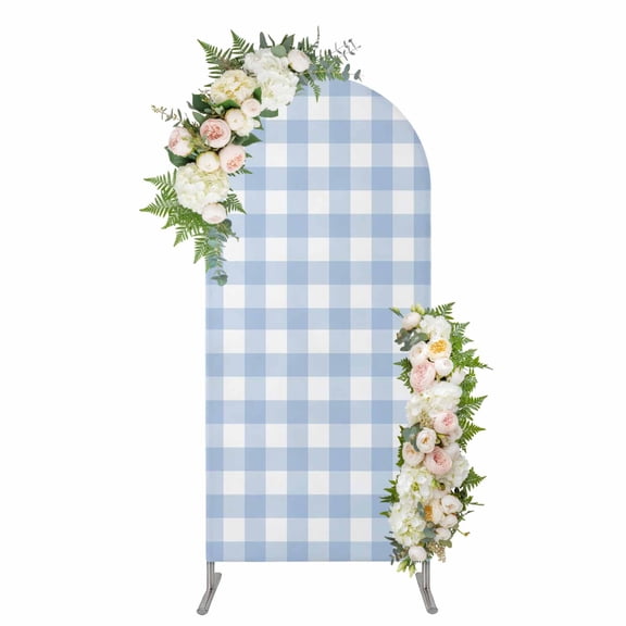 Arch Backdrop 4 Ft, Light Blue Plaid Spandex Stretch Fitted Arch Cover, Round Top Chiara Arches Stand Backdrop Cover for Wedding Birthday Party Baby Shower Modern Minimalist Country