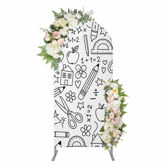 Arch Backdrop 4 Ft, Mathematics Tools Sketch Spandex Stretch Fitted Arch Cover, Round Top Chiara Arches Stand Backdrop Cover for Wedding Birthday Party Baby Shower White Modern Abstract Icons