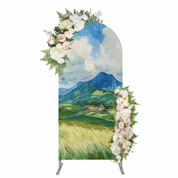 Arch Backdrop 4 Ft, Mountain Spandex Stretch Fitted Arch Cover, Round Top Chiara Arches Stand Backdrop Cover for Wedding Birthday Party Baby Shower Farmhouse Grassland Blue Sky Nature Scenery