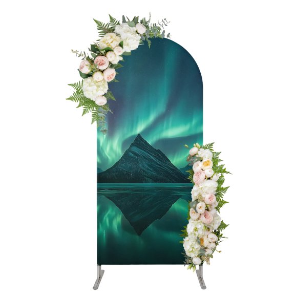 Arch Backdrop 4 Ft, Night Sky Spandex Stretch Fitted Arch Cover, Round Top Chiara Arches Stand Backdrop Cover for Wedding Birthday Party Baby Shower Winter Snowy Green Natural Light Mountain