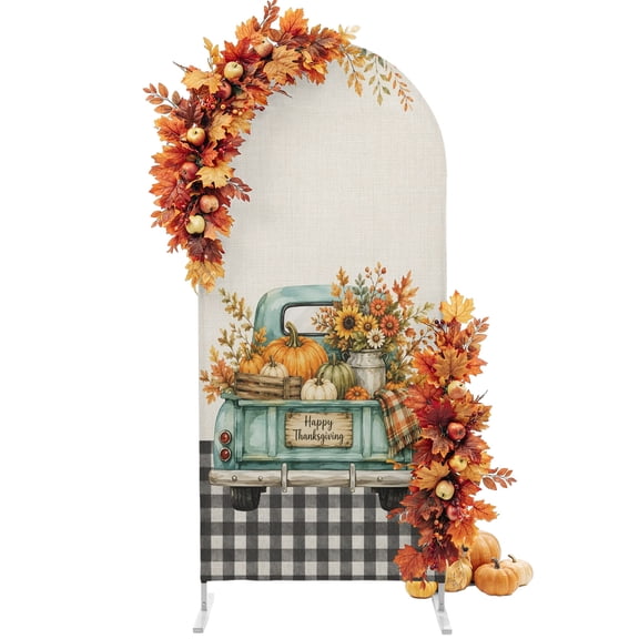Arch Backdrop 4 Ft, Orange Pumpkins Spandex Stretch Fitted Arch Cover, Round Top Chiara Arches Stand Backdrop Cover for Wedding Birthday Baby Shower Fall Thanksgiving Botanical Truck Plaid Black