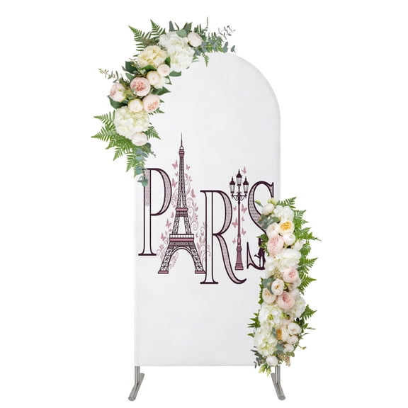 Arch Backdrop 4 Ft, PARIS Spandex Stretch Fitted Arch Cover, Round Top Chiara Arches Stand Backdrop Cover for Wedding Birthday Party Baby Shower Pink Eiffel Tower Romantic Floral Leaves Couple