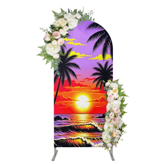 Arch Backdrop 4 Ft, Palm Tree Sunset Spandex Stretch Fitted Arch Cover, Round Top Chiara Arches Stand Backdrop Cover for Wedding Birthday Party Baby Shower Summer Tropical Plants Beach Coastal Waves