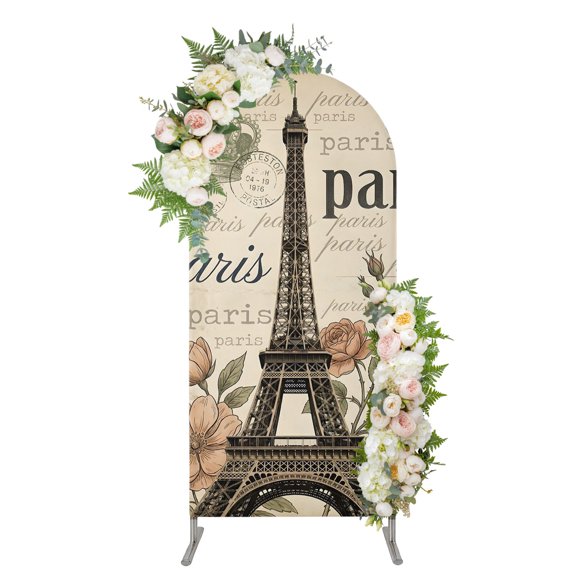 Arch Backdrop 4 Ft, Paris Architecture Spandex Stretch Fitted Arch Cover, Round Top Chiara Arches Stand Backdrop Cover for Wedding Birthday Party Baby Shower Vintage Eiffel Tower Romantic Floral