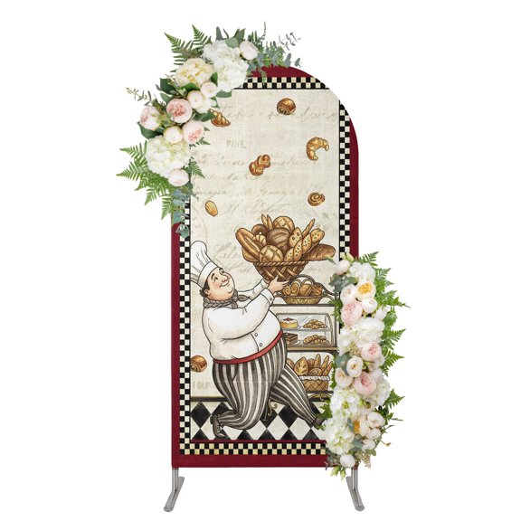Arch Backdrop 4 Ft, Retro Kitchen Chef Spandex Stretch Fitted Arch Cover, Round Top Chiara Arches Stand Backdrop Cover for Wedding Birthday Party Baby Shower Rustic Baker Cooking White Black Plaid