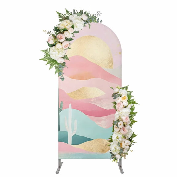 Arch Backdrop 4 Ft, South West Boho Spandex Stretch Fitted Arch Cover, Round Top Chiara Arches Stand Backdrop Cover for Wedding Birthday Party Baby Shower Abstract Pink Gold Mountains Cactus