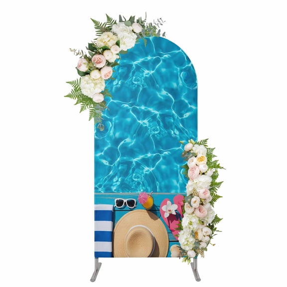 Arch Backdrop 4 Ft, Swimming Pool Spandex Stretch Fitted Arch Cover, Round Top Chiara Arches Stand Backdrop Cover for Wedding Birthday Party Baby Shower Blue Summer Beach Sea Ocean
