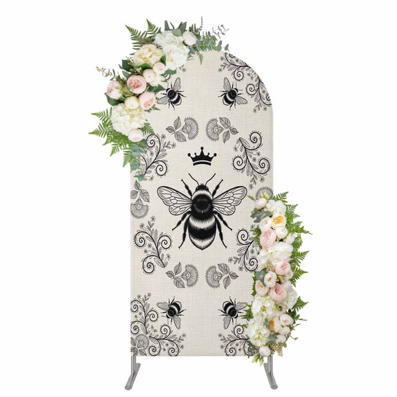 Arch Backdrop 4 Ft, Vintage Bees Crowns Spandex Stretch Fitted Arch Cover, Round Top Chiara Arches Stand Backdrop Cover for Wedding Birthday Party Baby Shower Rustic Leaves Rings Burlap