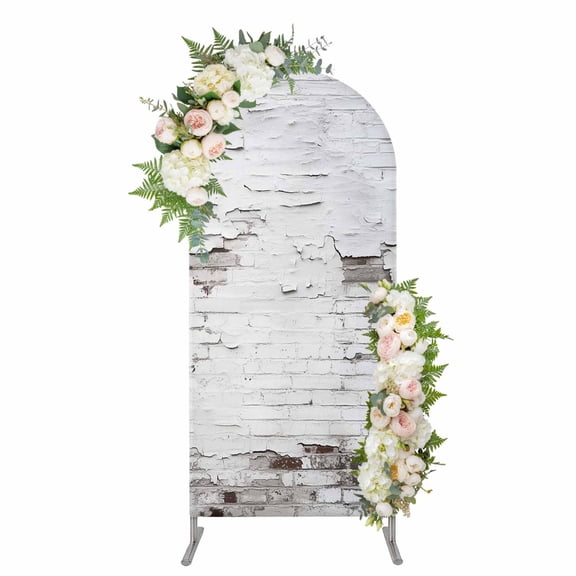 Arch Backdrop 4 Ft, White Grey Brick Wall Spandex Stretch Fitted Arch Cover, Round Top Chiara Arches Stand Backdrop Cover for Wedding Birthday Party Baby Shower Retro Shabby Chic Scenery