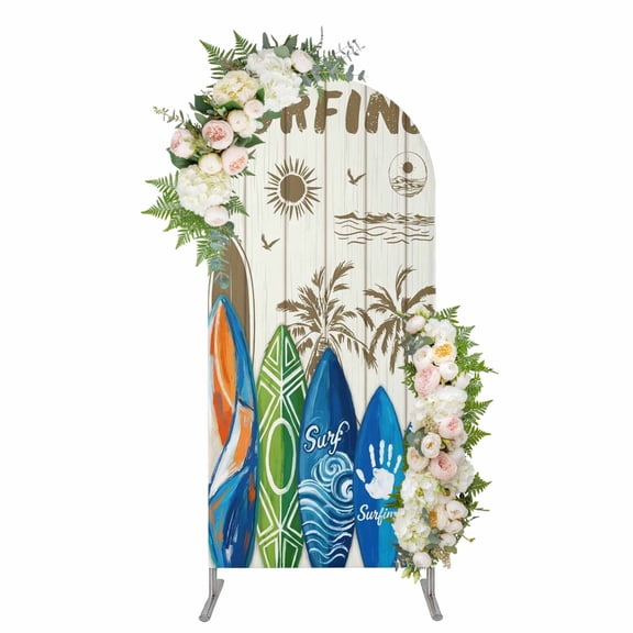 Arch Backdrop 5 Ft, Beach Surfboard Spandex Stretch Fitted Arch Cover, Round Top Chiara Arches Stand Backdrop Cover for Wedding Birthday Party Baby Shower Summer Sea Surfing Tropical Botanical Tree