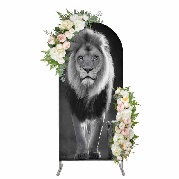 Arch Backdrop 5 Ft, Black White Lions Spandex Stretch Fitted Arch Cover, Round Top Chiara Arches Stand Backdrop Cover for Wedding Birthday Party Baby Shower Powerful Wild Animal Jungle Wildlife