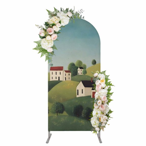 Arch Backdrop 5 Ft, Cartoon Country Spandex Stretch Fitted Arch Cover, Round Top Chiara Arches Stand Backdrop Cover for Wedding Birthday Party Baby Shower Cute Farmhouse Cabins Green Trees