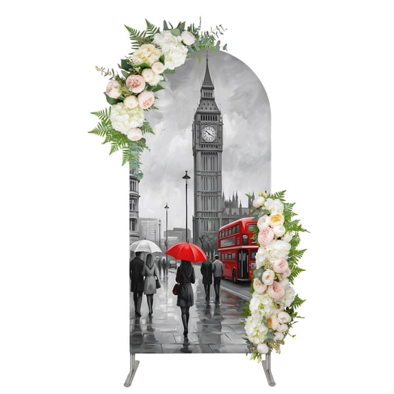 Arch Backdrop 5 Ft, City Street Spandex Stretch Fitted Arch Cover, Round Top Chiara Arches Stand Backdrop Cover for Wedding Birthday Party Baby Shower Big Ben London River Bus Bridge Rainy Day