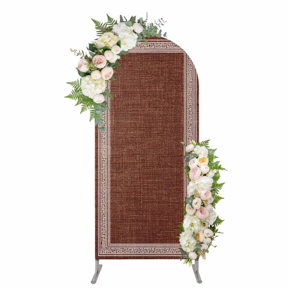Arch Backdrop 5 Ft, Coffee Brown Retro Greek Key Spandex Stretch Fitted Arch Cover, Round Top Chiara Arches Stand Backdrop Cover for Wedding Birthday Party Geometric Greece Ancient Farmhouse
