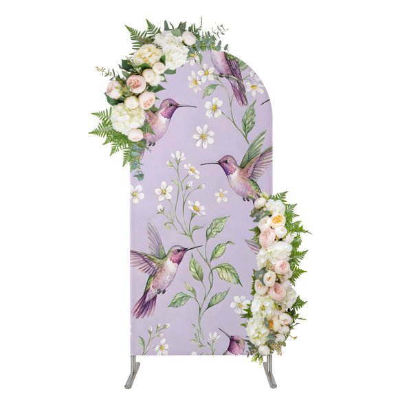 Arch Backdrop 5 Ft, Daisy Flowers Spandex Stretch Fitted Arch Cover, Round Top Chiara Arches Stand Backdrop Cover for Wedding Birthday Party Rustic Birds Floral Leaves Country Plants Purple