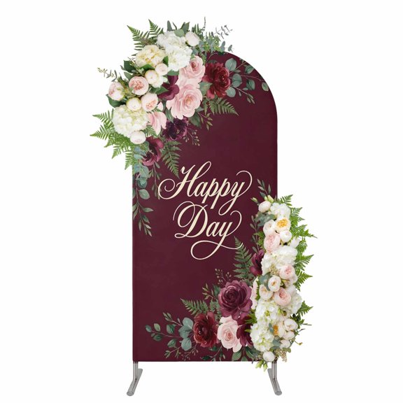 Arch Backdrop 5 Ft, Dark Rose Red Spandex Stretch Fitted Arch Cover, Round Top Chiara Arches Stand Backdrop Cover for Wedding Birthday Party Baby Shower Happy Day Rustic Vintage Floral