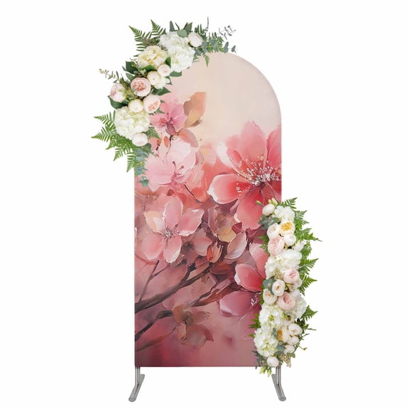 Arch Backdrop 5 Ft, Flower Painted, Abstract Blush Pink Watercolor Spandex Stretch Fitted Arch Cover, Round Top Chiara Arches Stand Backdrop Cover for Wedding Birthday Party Baby Shower
