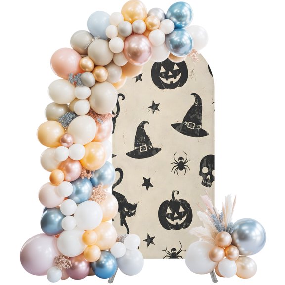 Arch Backdrop 5 Ft, Halloween Spandex Stretch Fitted Arch Cover, Round Top Chiara Arches Stand Backdrop Cover for Wedding Birthday Party Baby Shower Black Skull Cat Hat Stars Classic Spooky