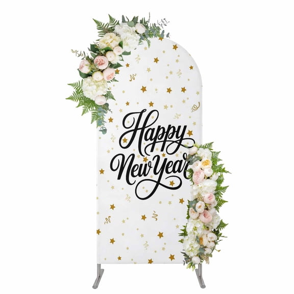 Arch Backdrop 5 Ft, Happy New Years Spandex Stretch Fitted Arch Cover, Round Top Chiara Arches Stand Backdrop Cover for Wedding Birthday Party Baby Shower Winter Holiday Yellow Stars Ribbons