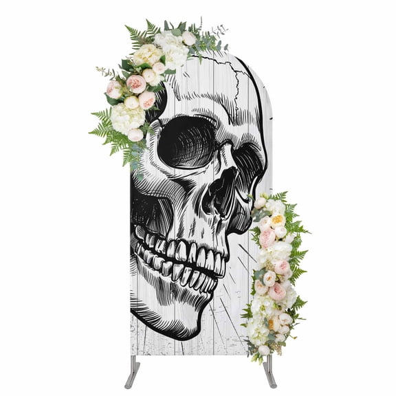 Arch Backdrop 5 Ft, Horror Skull Spandex Stretch Fitted Arch Cover, Round Top Chiara Arches Stand Backdrop Cover for Wedding Birthday Party Baby Shower Black Skeleton Spooky Halloween