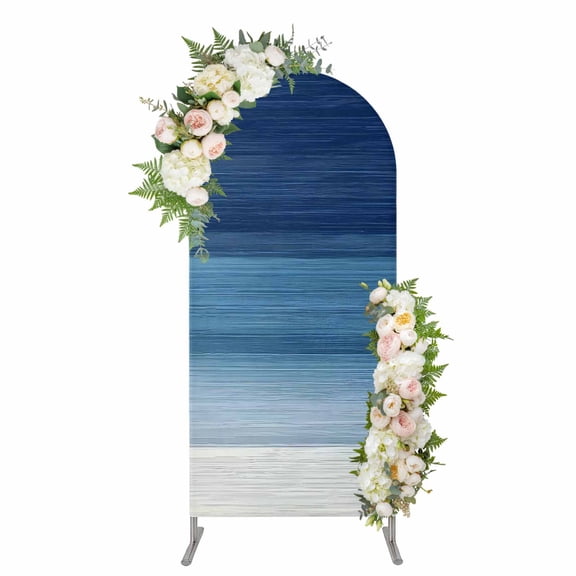 Arch Backdrop 5 Ft, Navy Blue Ombre Spandex Stretch Fitted Arch Cover, Round Top Chiara Arches Stand Backdrop Cover for Wedding Birthday Party Baby Shower Modern Abstract Art Blue White Striped