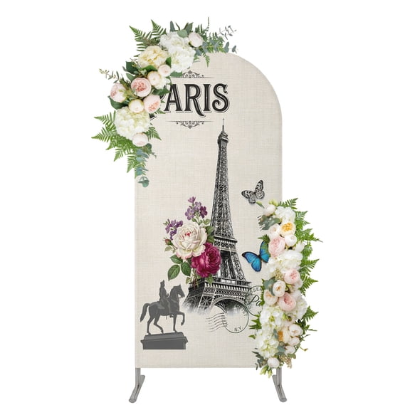 Arch Backdrop 5 Ft, Paris Eiffel Tower Spandex Stretch Fitted Arch Cover, Round Top Chiara Arches Stand Backdrop Cover for Wedding Birthday Party Baby Shower Vintage Rose Floral Sculpture Butterfly