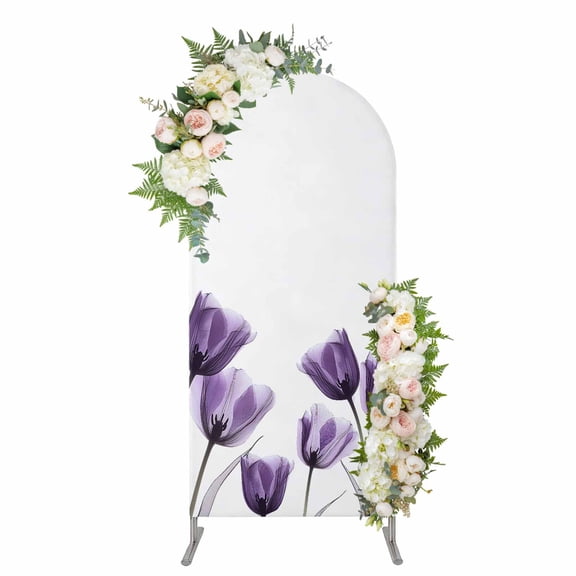 Arch Backdrop 5 Ft, Purple Tulip Floral Spandex Stretch Fitted Arch Cover, Round Top Chiara Arches Stand Backdrop Cover for Wedding Birthday Party Baby Shower Pastel Country White Wildflower
