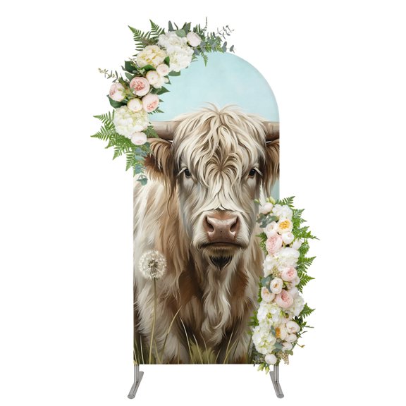 Arch Backdrop 5 Ft, Rustic Cow Spandex Stretch Fitted Arch Cover, Round Top Chiara Arches Stand Backdrop Cover for Wedding Birthday Party Baby Shower Highland Dandelion Farmhouse Barn Grassland