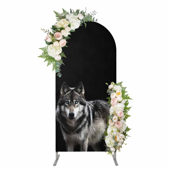Arch Backdrop 5 Ft, Timber Wolf Spandex Stretch Fitted Arch Cover, Round Top Chiara Arches Stand Backdrop Cover for Wedding Birthday Party Baby Shower Wilderness Animal Black Backdrop