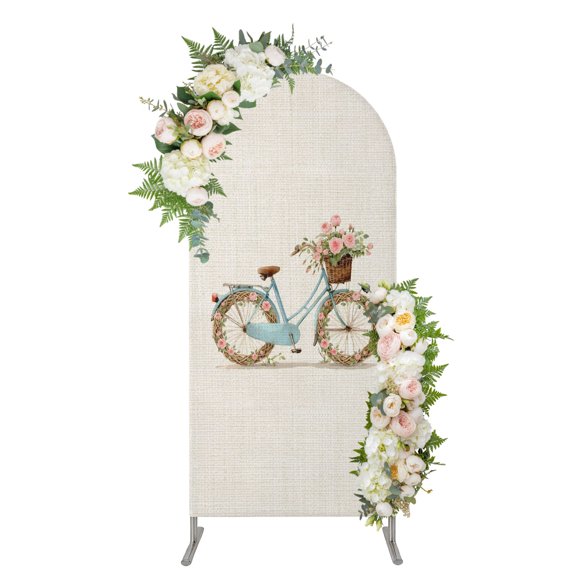 Arch Backdrop 5 Ft, Vintage Bicycle Spandex Stretch Fitted Arch Cover, Round Top Chiara Arches Stand Backdrop Cover for Wedding Birthday Party Baby Shower Farmhouse Botanical Blossom Floral