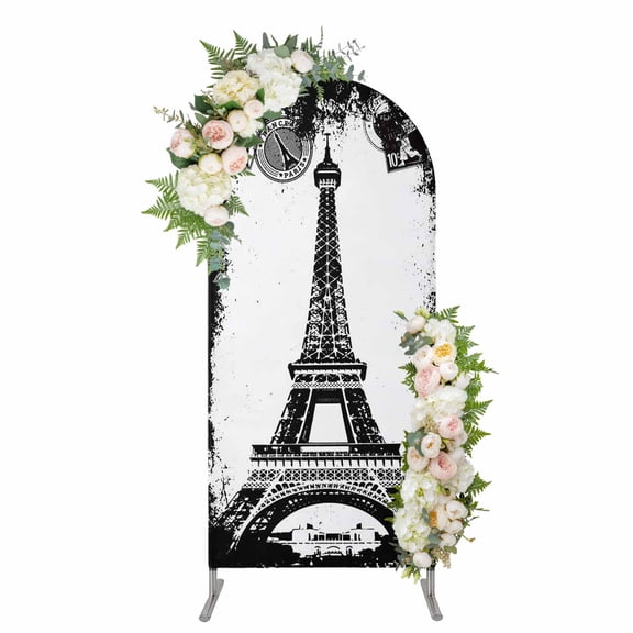 Arch Backdrop 5 Ft, Vintage Paris Spandex Stretch Fitted Arch Cover, Round Top Chiara Arches Stand Backdrop Cover for Wedding Birthday Party Baby Shower Chic Shabby Retro Landscape Black White
