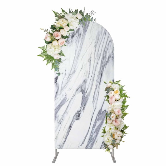 Arch Backdrop 5 Ft, White Marble Spandex Stretch Fitted Arch Cover, Round Top Chiara Arches Stand Backdrop Cover for Wedding Birthday Party Baby Shower Grey Abstract Modern Luxury Simple Art